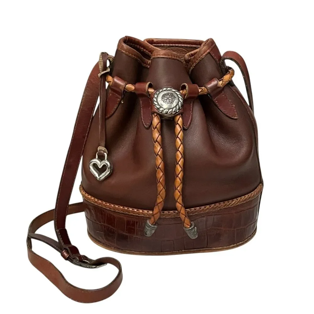 Brighton Vintage Brown Leather Bucket Bag Drawstring Crossbody Croc Trim Concho - Picture 11 of 11